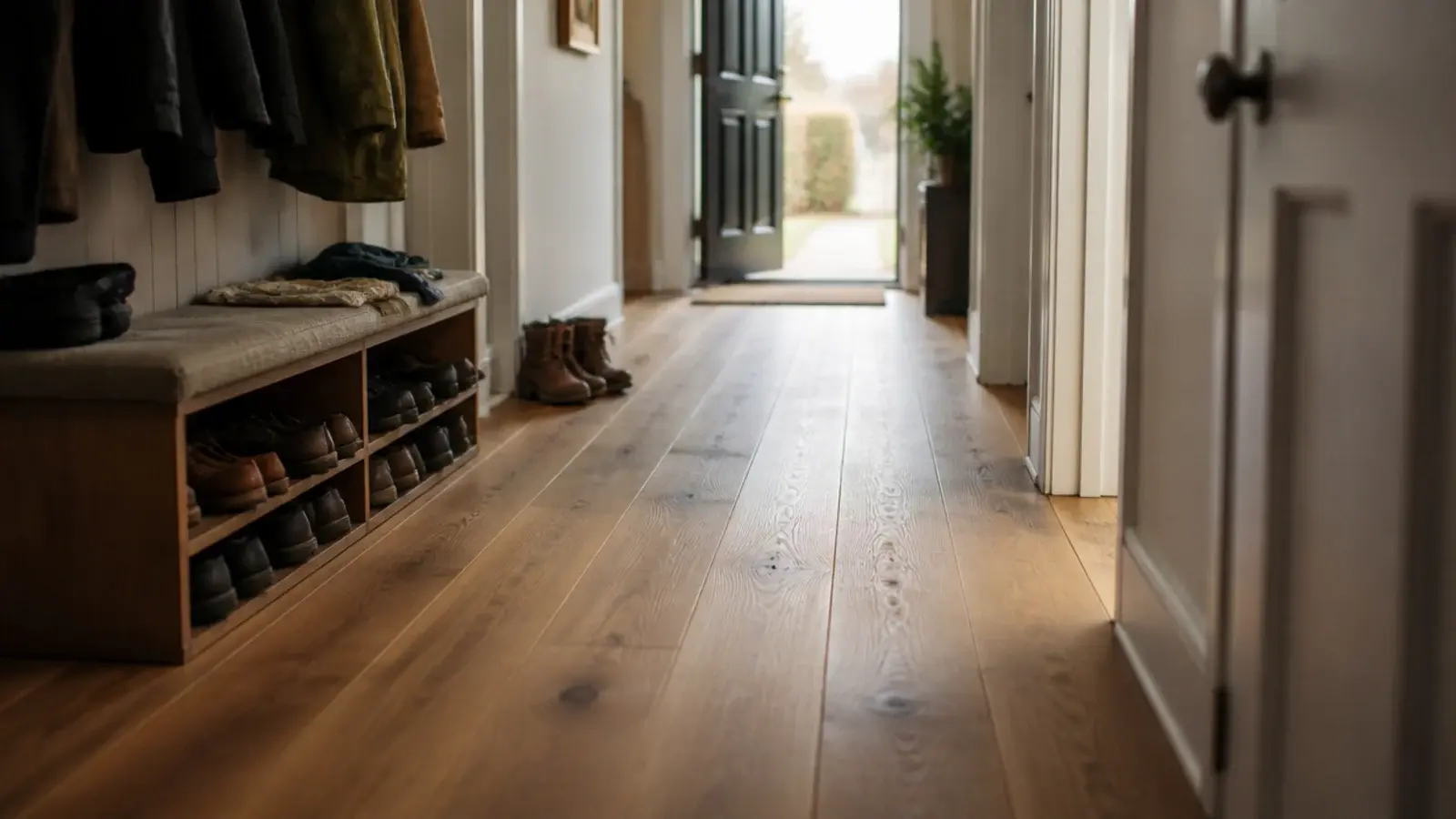 hard wearing factory finished oak plank in a busy entrance hall