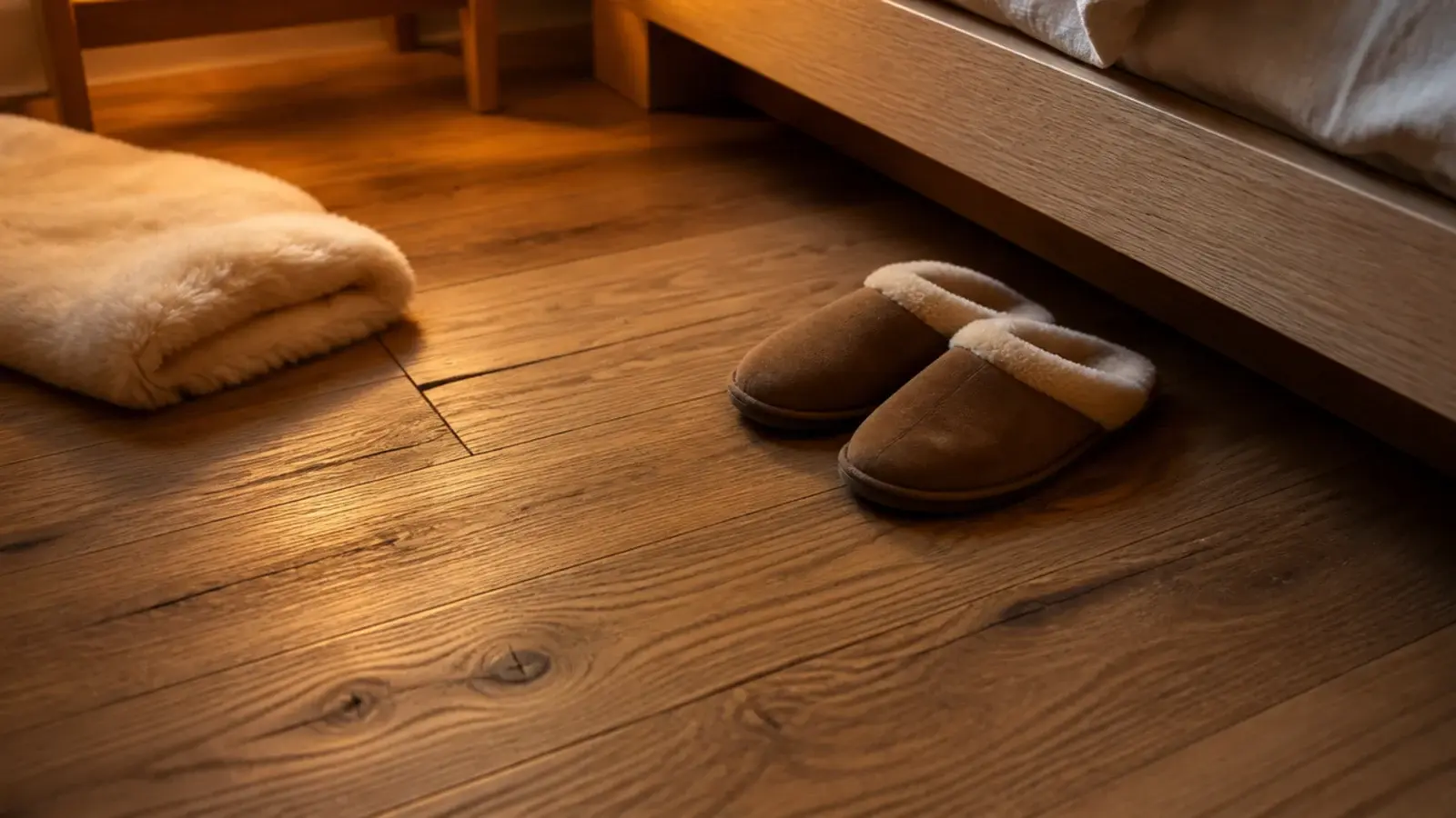 bare feet width of oak boards beside a bed with a sheepskin nearby