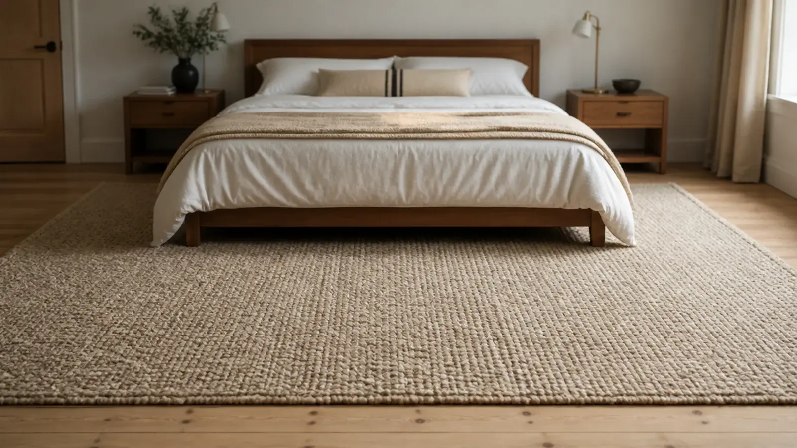 large wool rug extending well past both sides of a double bed