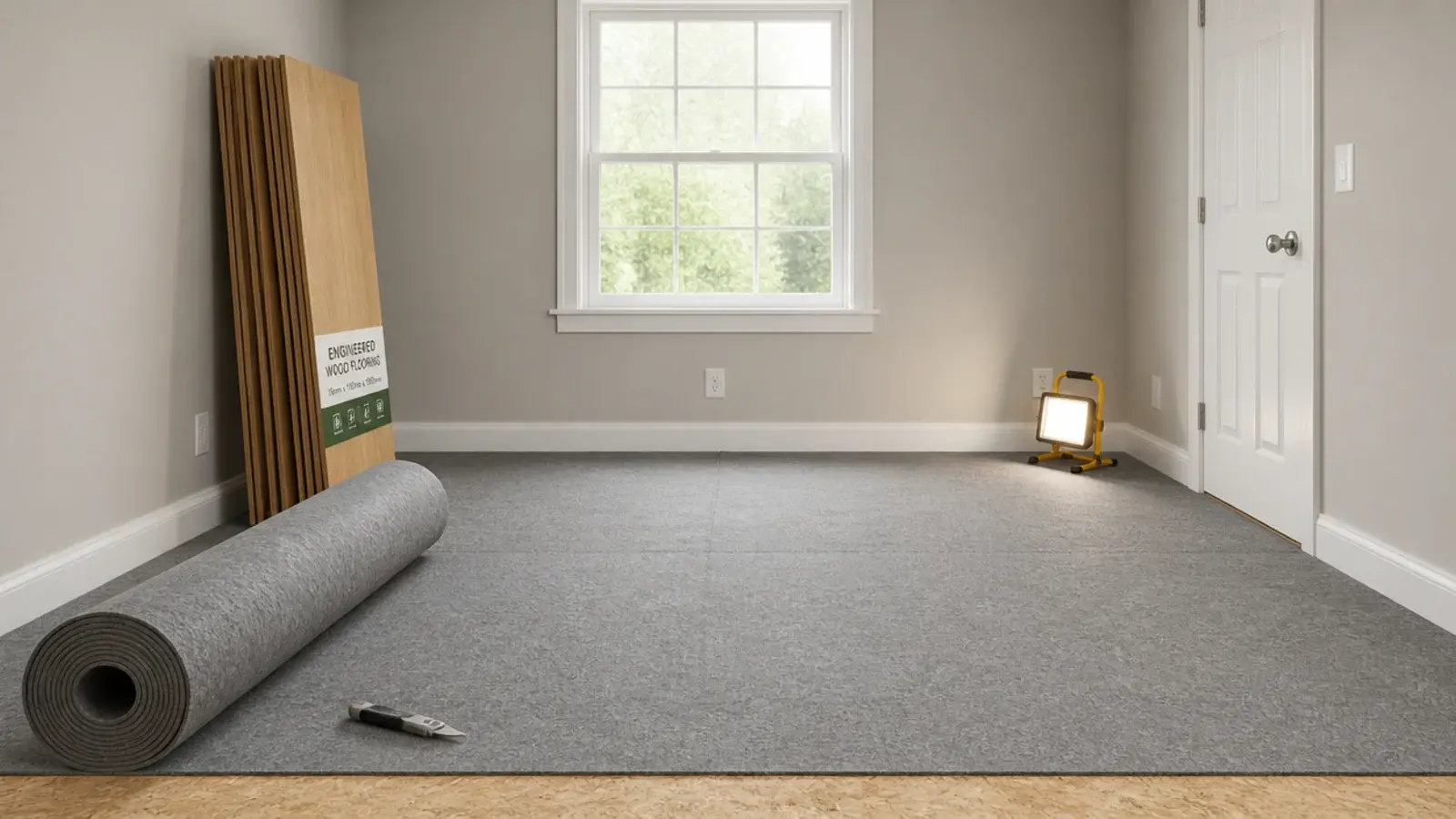 grey acoustic underlay rolled out across a bedroom subfloor before boards