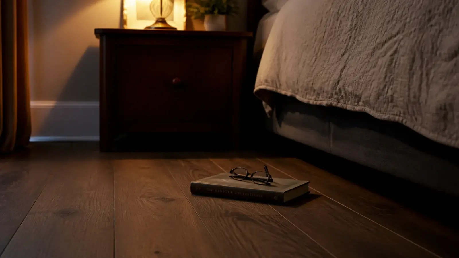 matte oiled boards in a bedroom refusing to reflect a bedside lamp