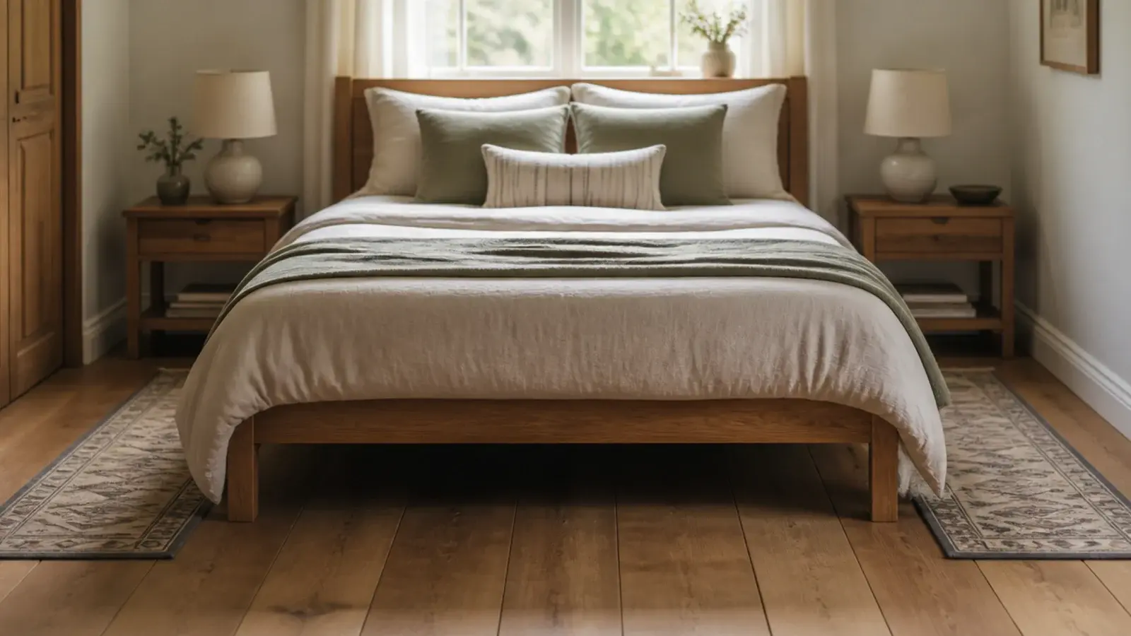 pair of narrow runners laid either side of a bed on oak boards