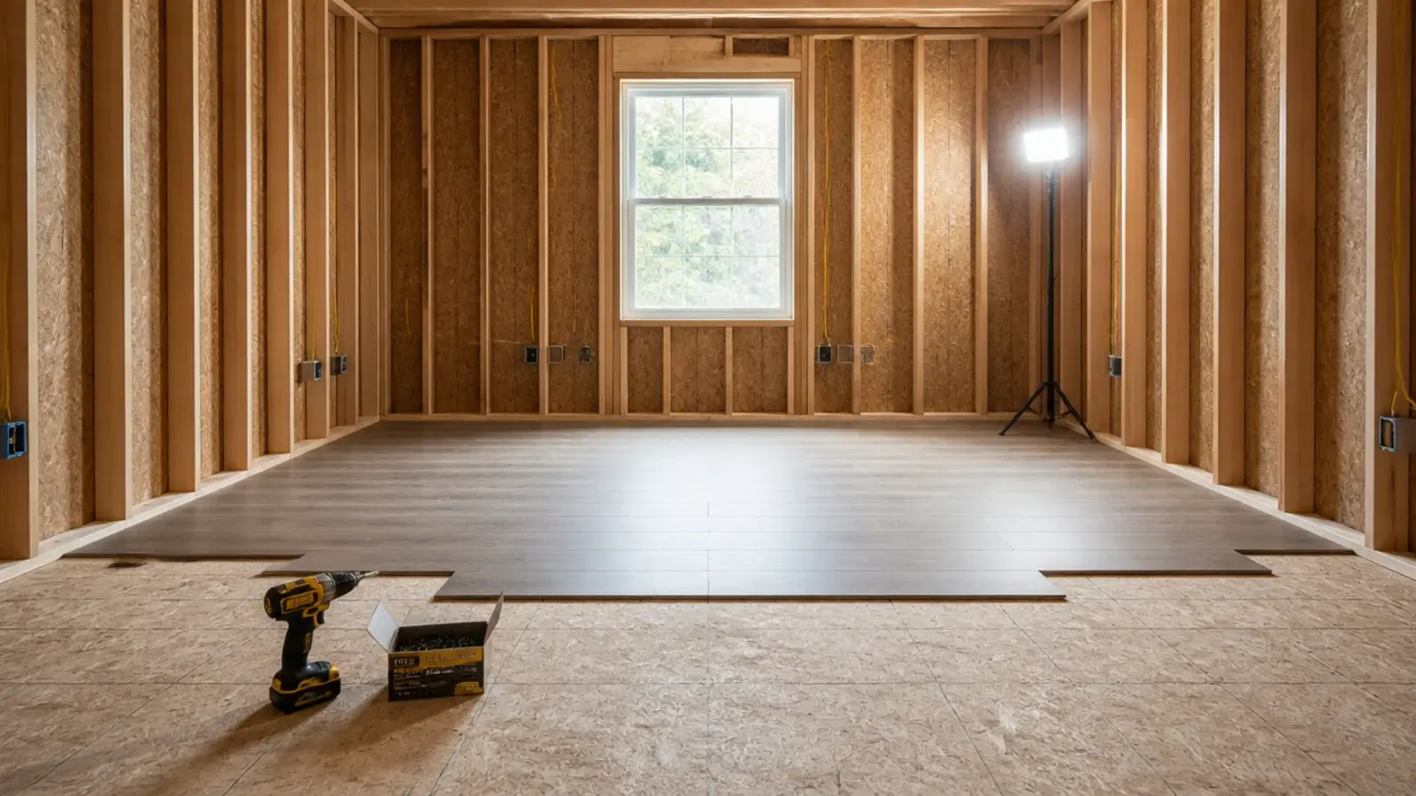 engineered planks being floated across a screwed down chipboard deck