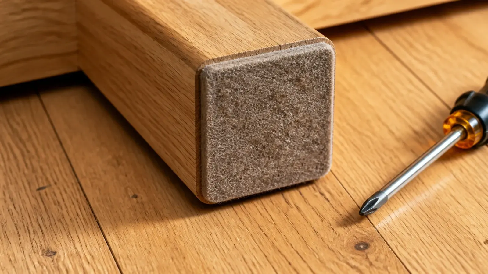 felt pad being pressed onto the foot of a wooden bed frame leg