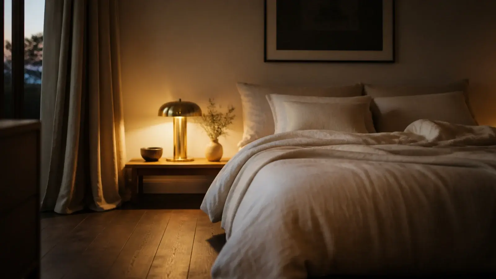 deep walnut floorboards under pale bedding in a warm dim bedroom
