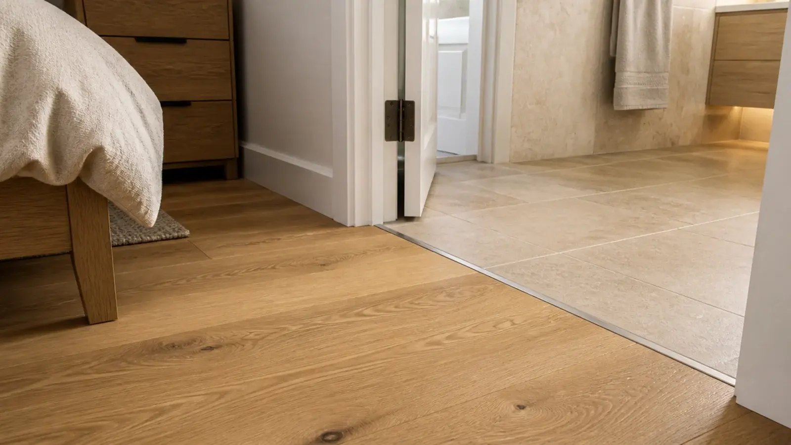 oak boards ending at an ensuite threshold where porcelain tile begins
