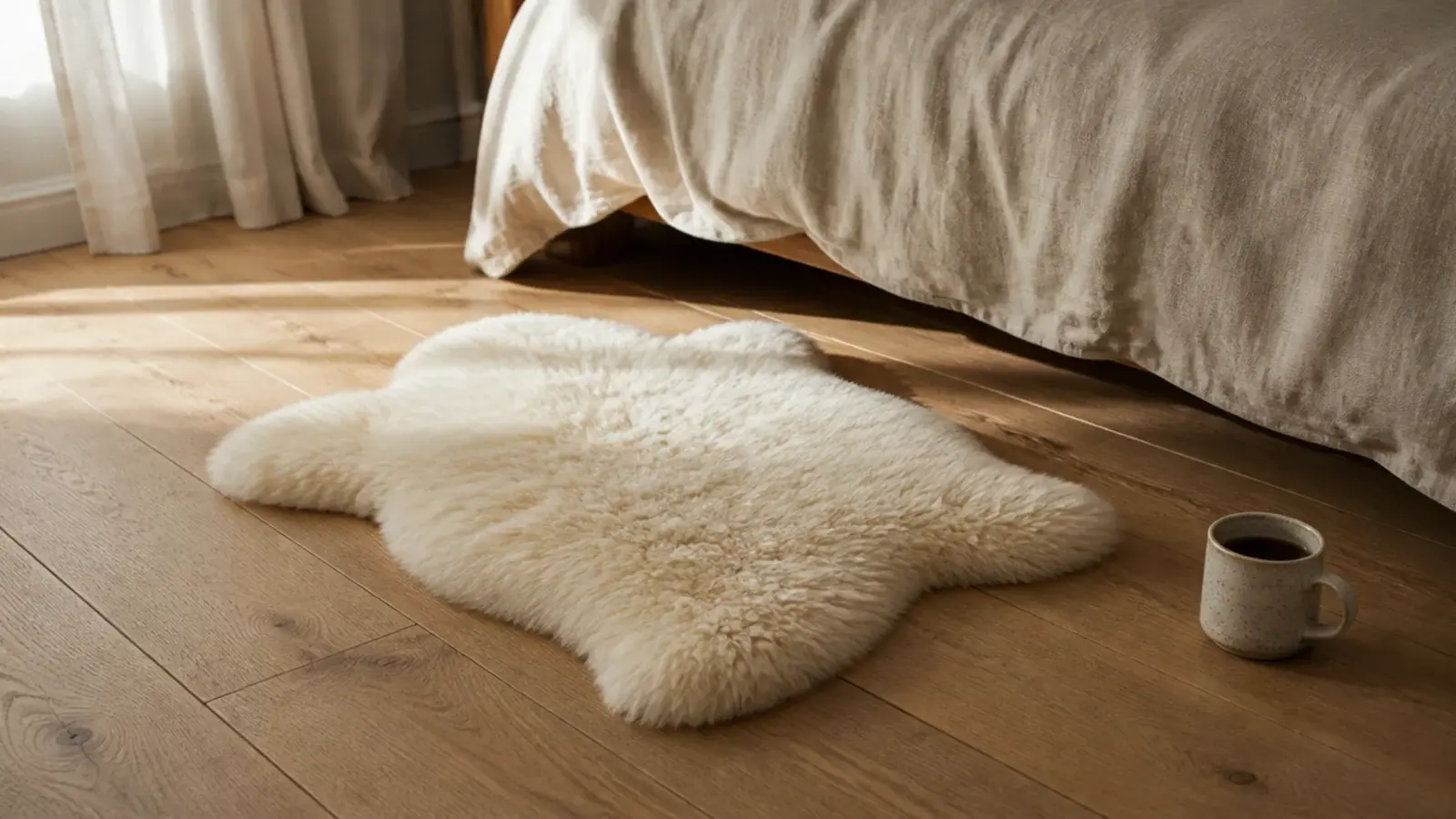 small sheepskin placed at the bedside where feet meet the floor