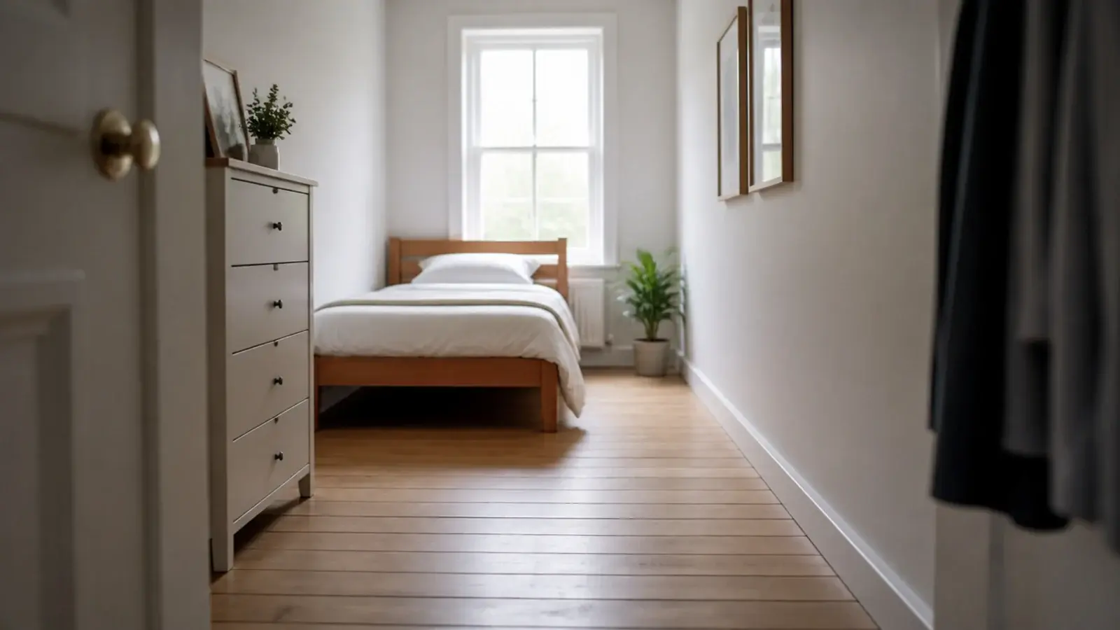 floorboards running across the width of a long narrow bedroom