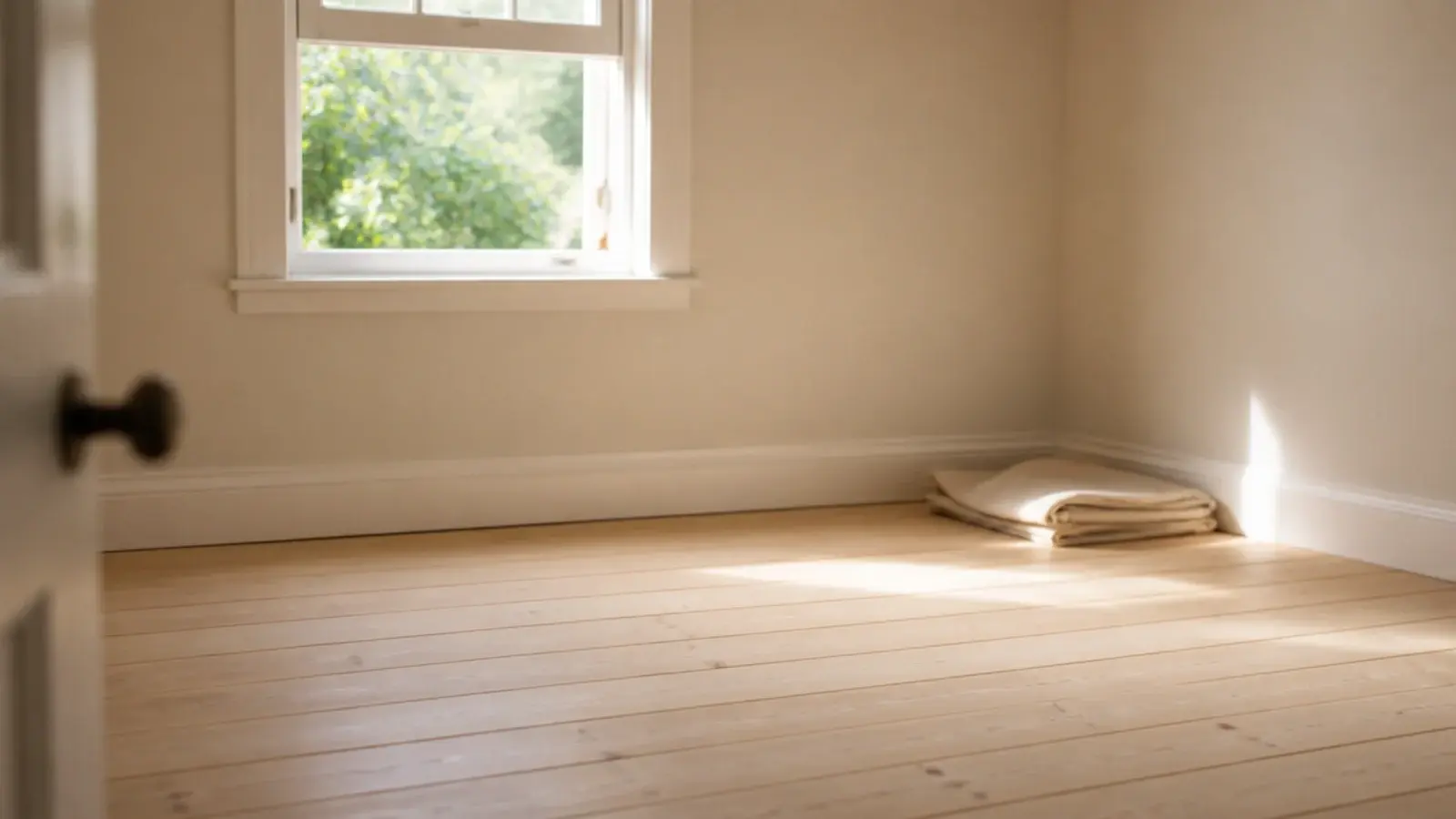 freshly finished bedroom floor left empty with a window propped open