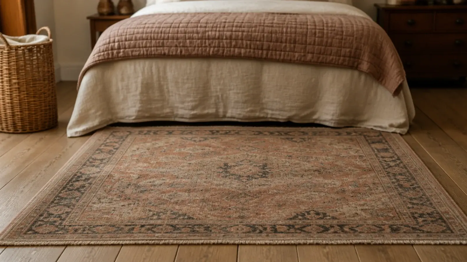 patterned wool rug on plain wide oak boards at the foot of a bed