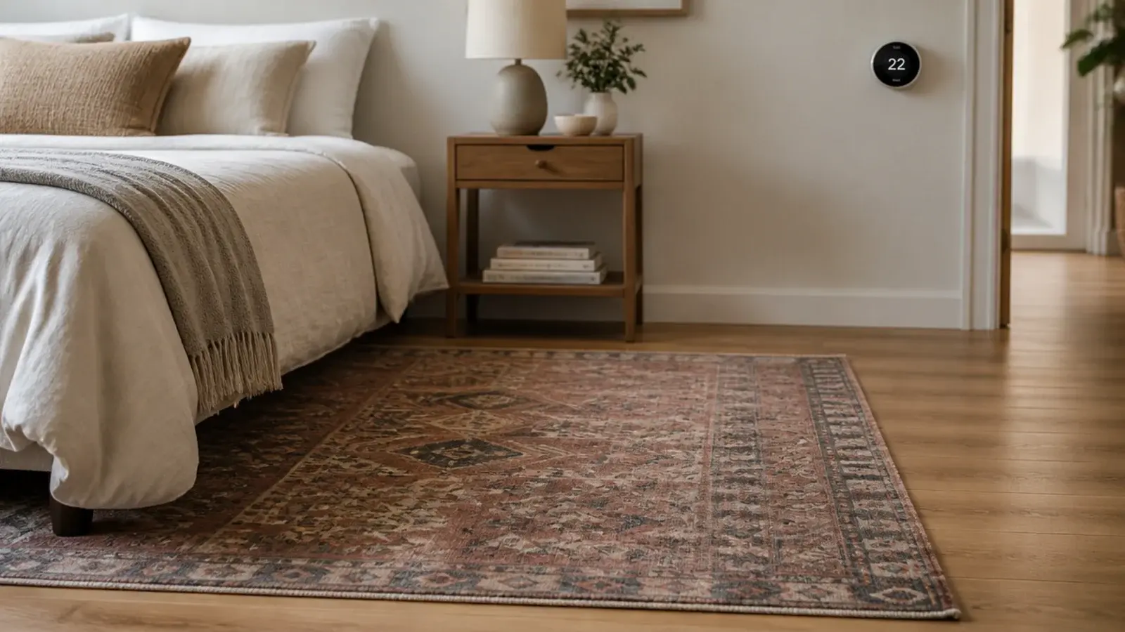 thin flatweave rug over a heated bedroom floor beside a bed