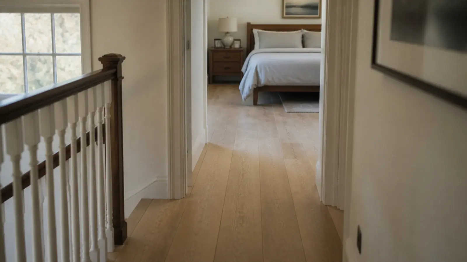 identical oak boards running from a landing into a bedroom doorway