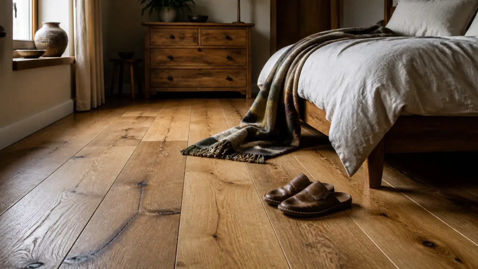 wide character oak boards with sound knots across a relaxed bedroom