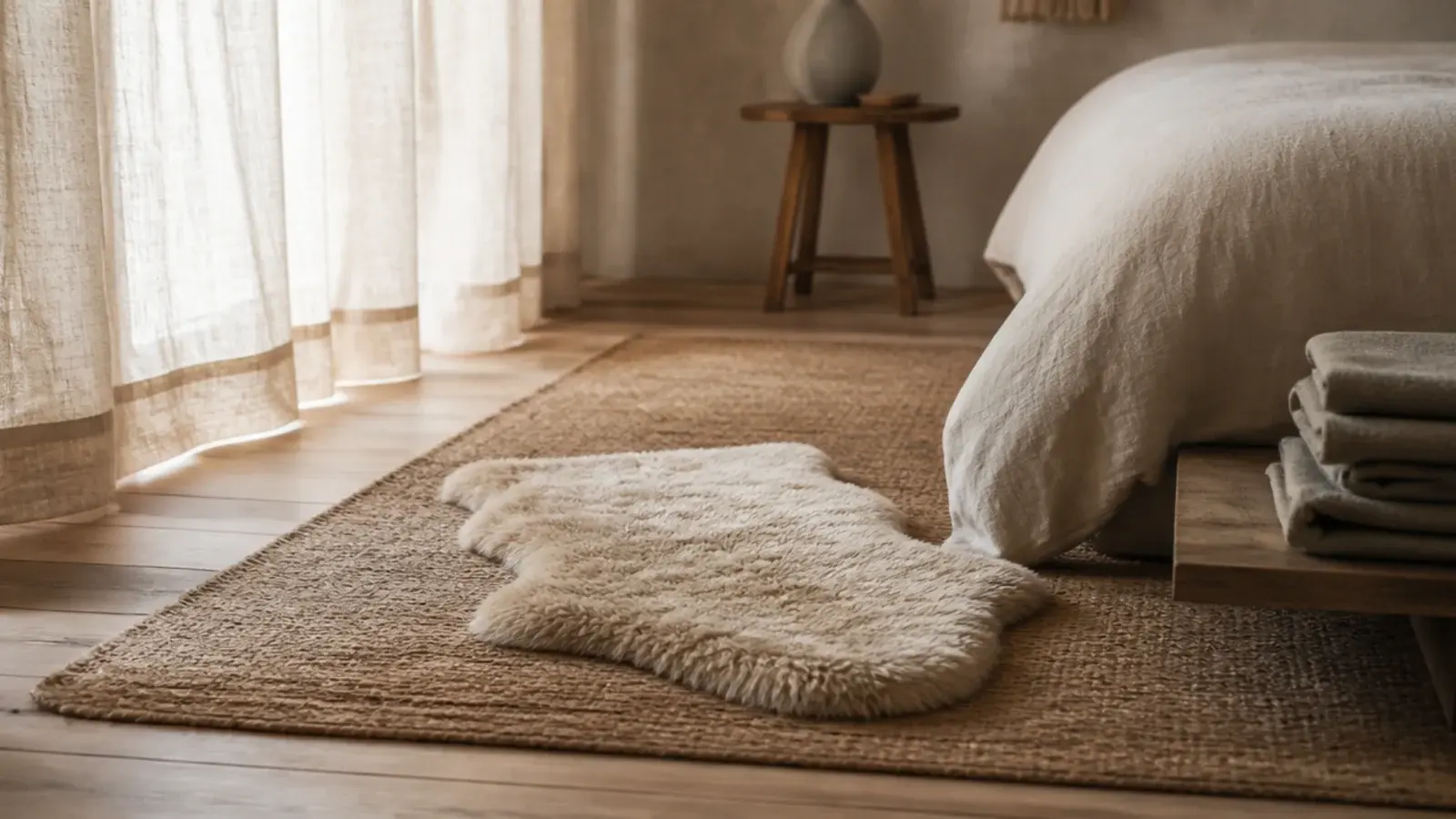 small sheepskin layered over a large jute rug in a bedroom