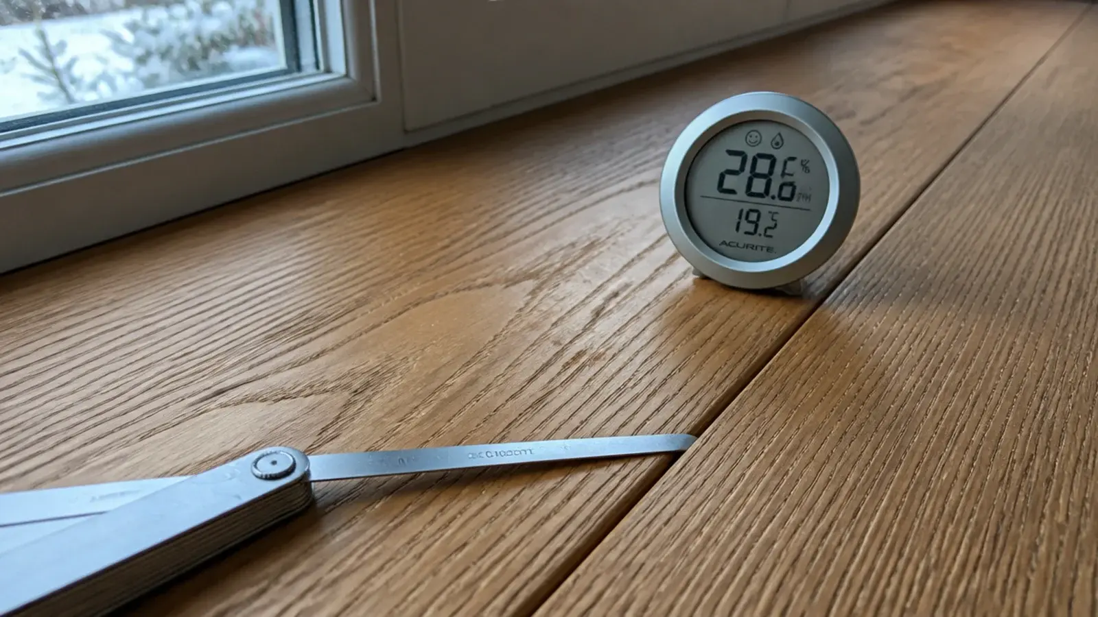 thin gap opened between two floorboards measured with a feeler gauge