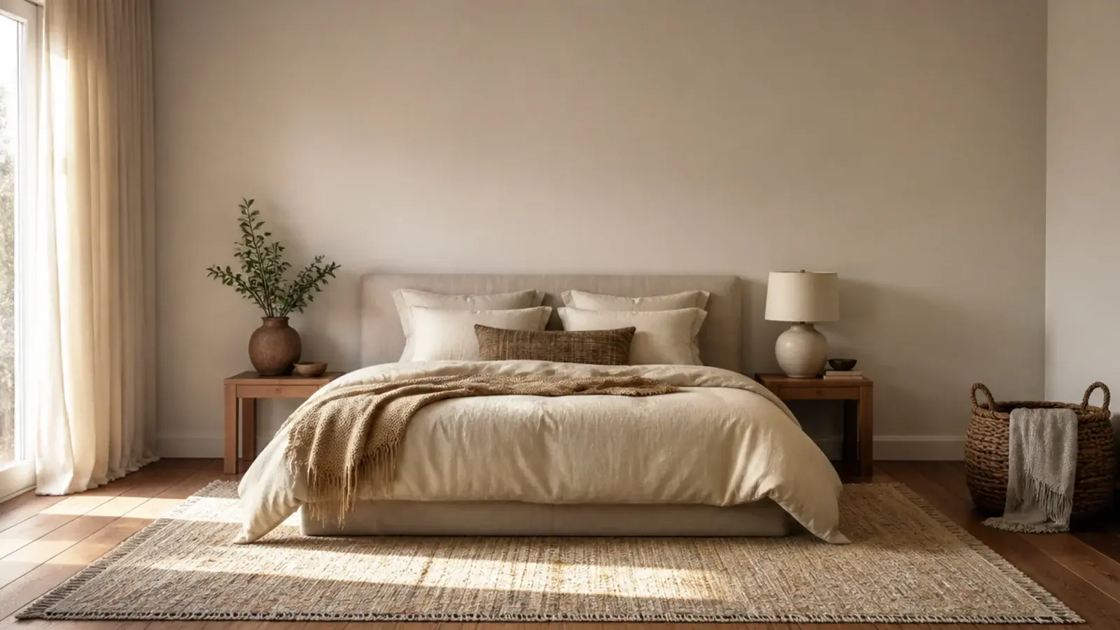 tall bedroom view of oak flooring a wool rug and low linen bed