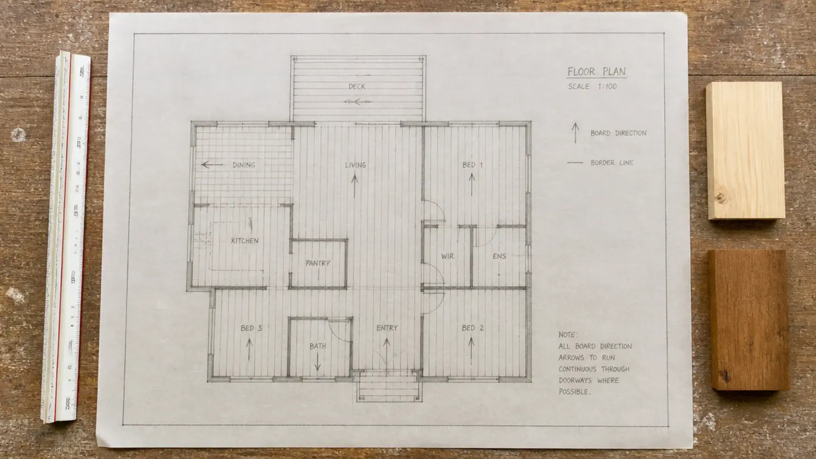 floor plan sketch with board direction and border lines drawn in pencil