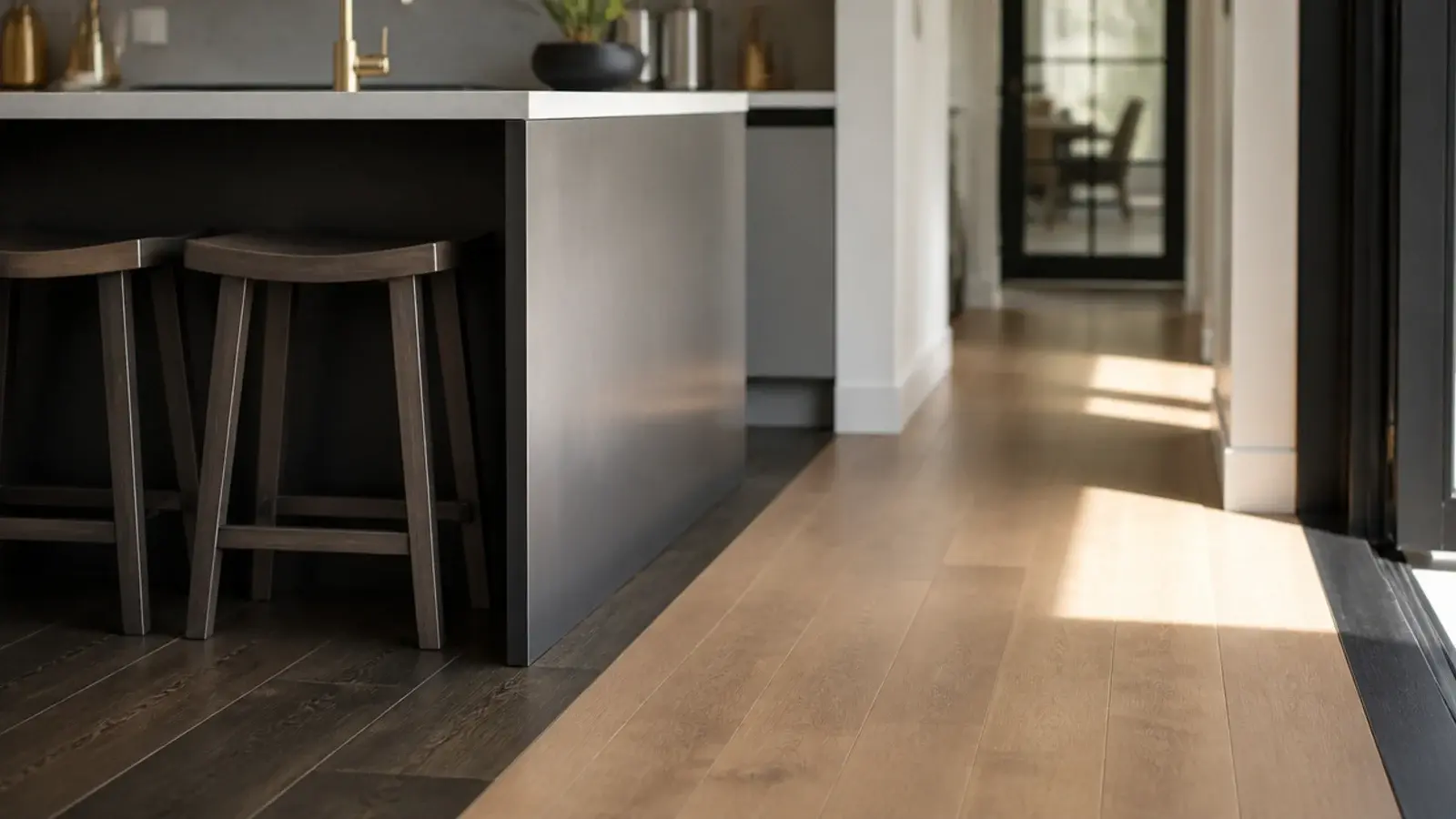 darker boards meeting lighter boards exactly under a kitchen island edge