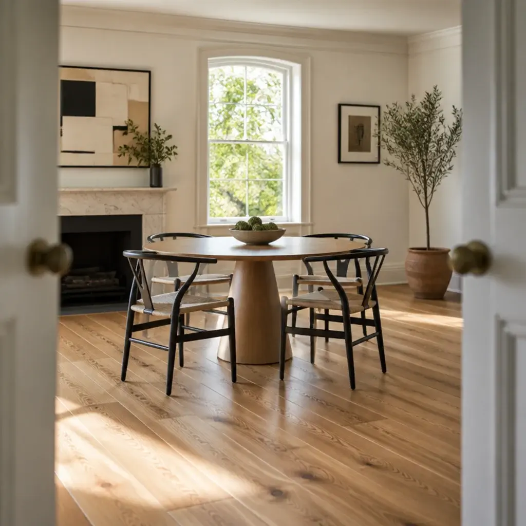 floorboards running diagonally across a square room toward a corner