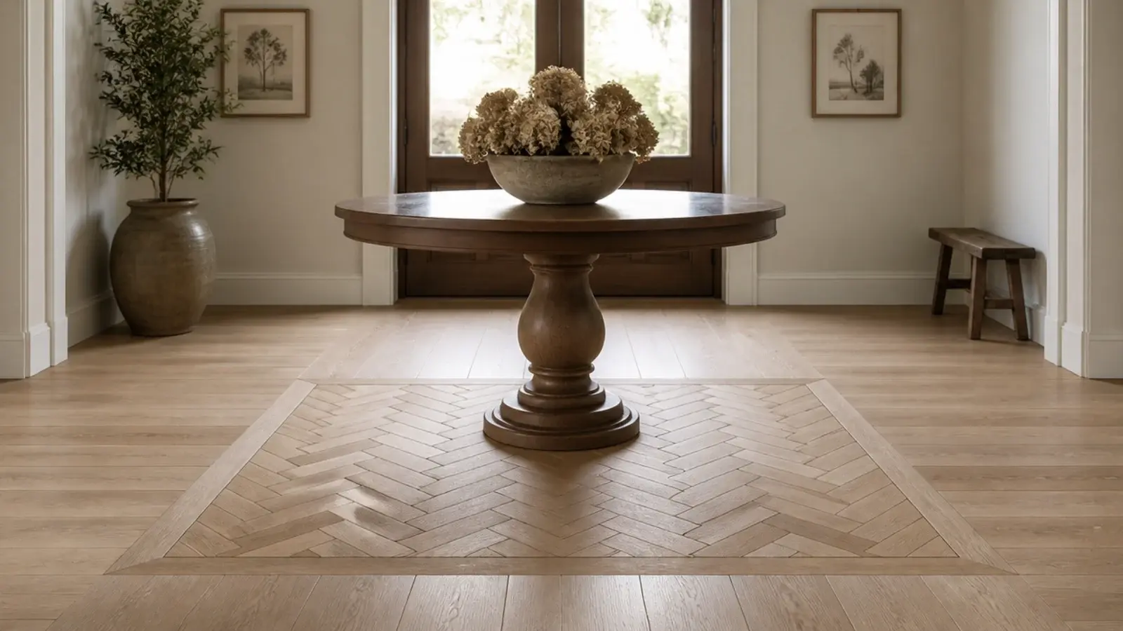 square herringbone panel set into a straight laid oak floor