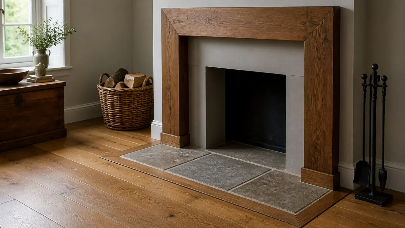 timber surround framing a stone hearth set into oak floorboards