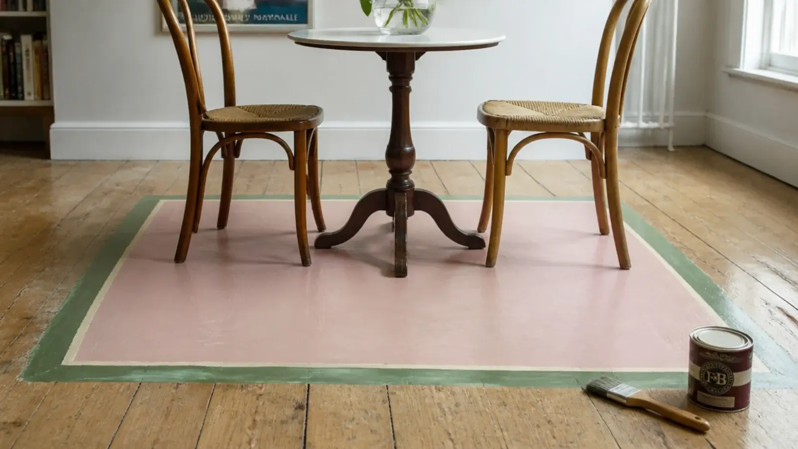 painted rectangle with a border sitting on bare floorboards like a rug
