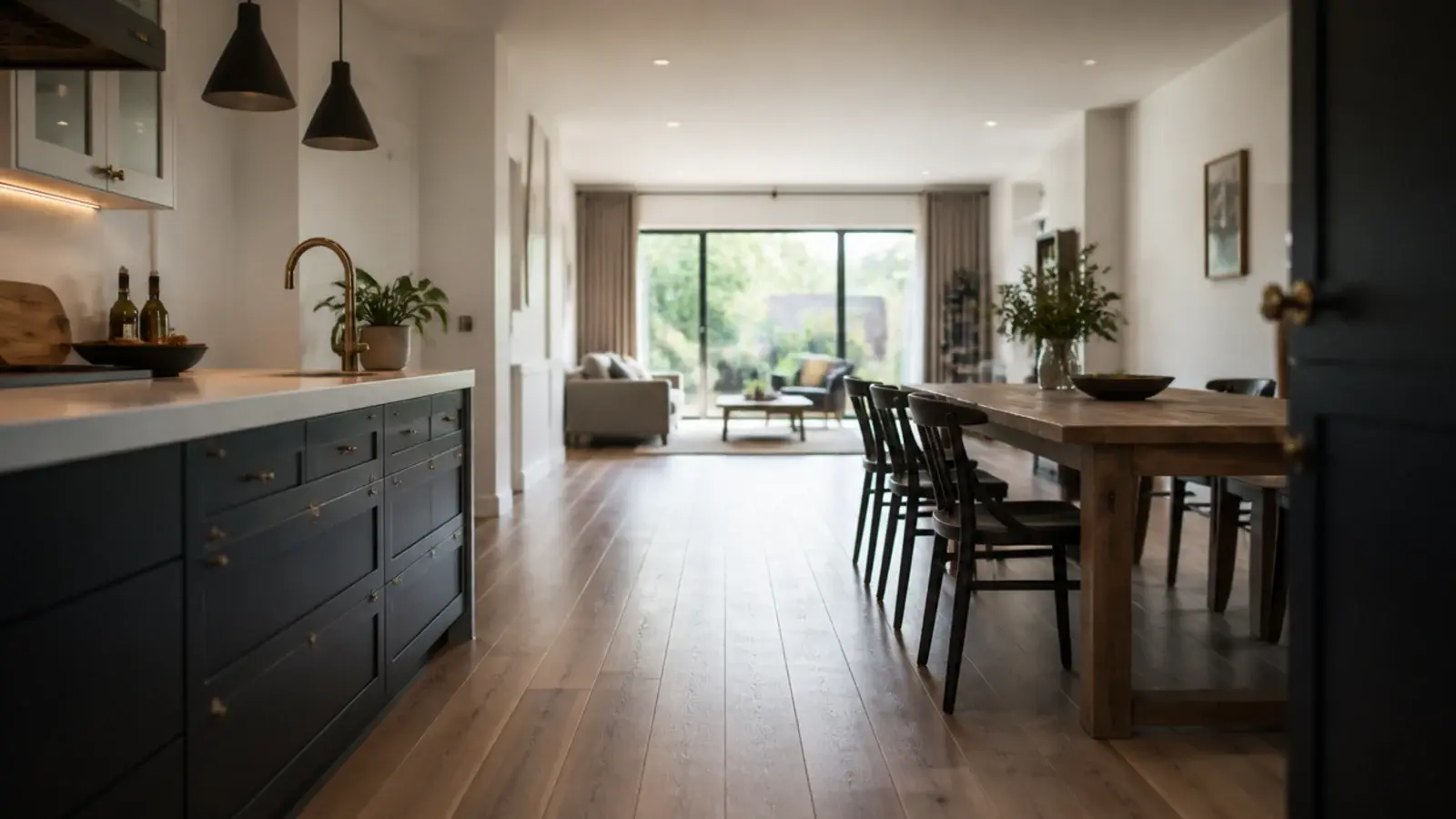 one continuous board direction running through kitchen dining and seating