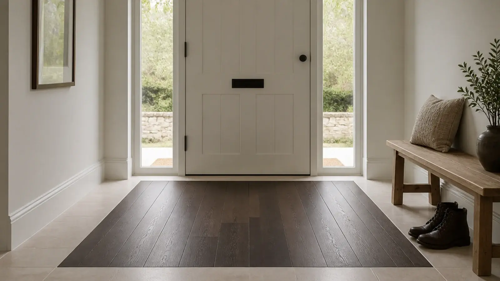 dark timber rectangle laid inside a hallway where shoes come off