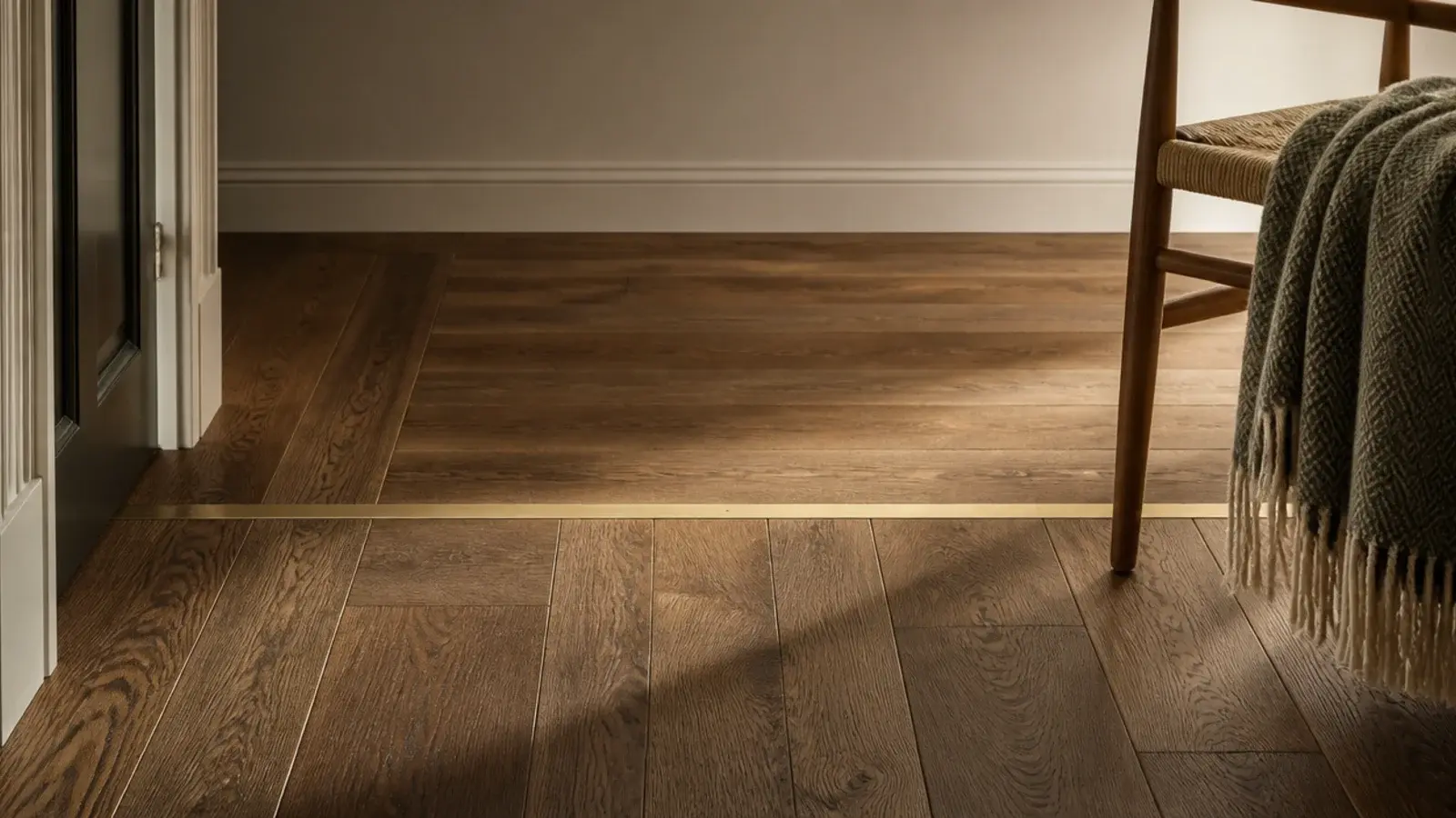 tall view of a bordered wooden flooring design with brass inlay detail