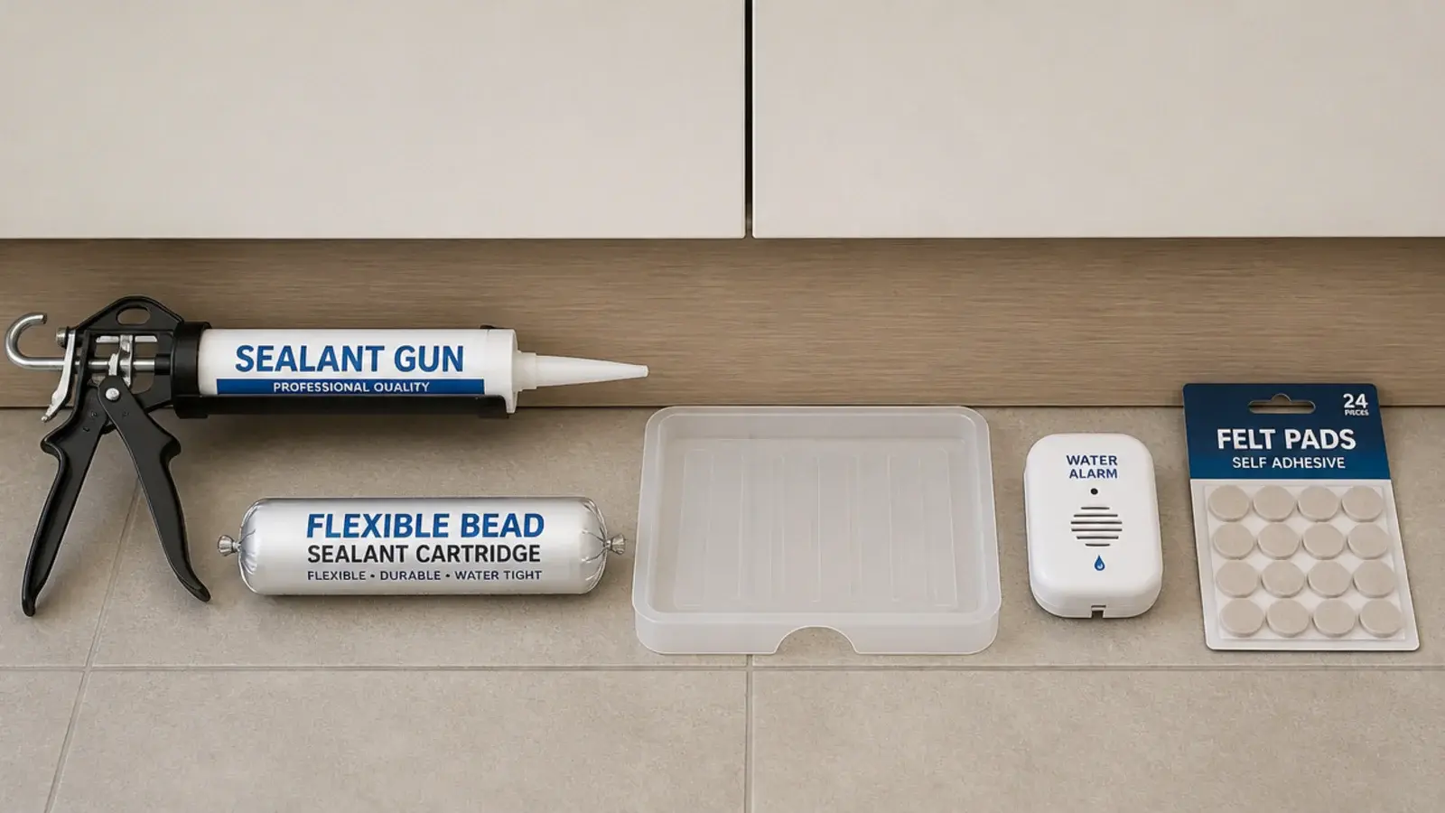 sealant gun leak tray and water alarm laid out on a kitchen floor