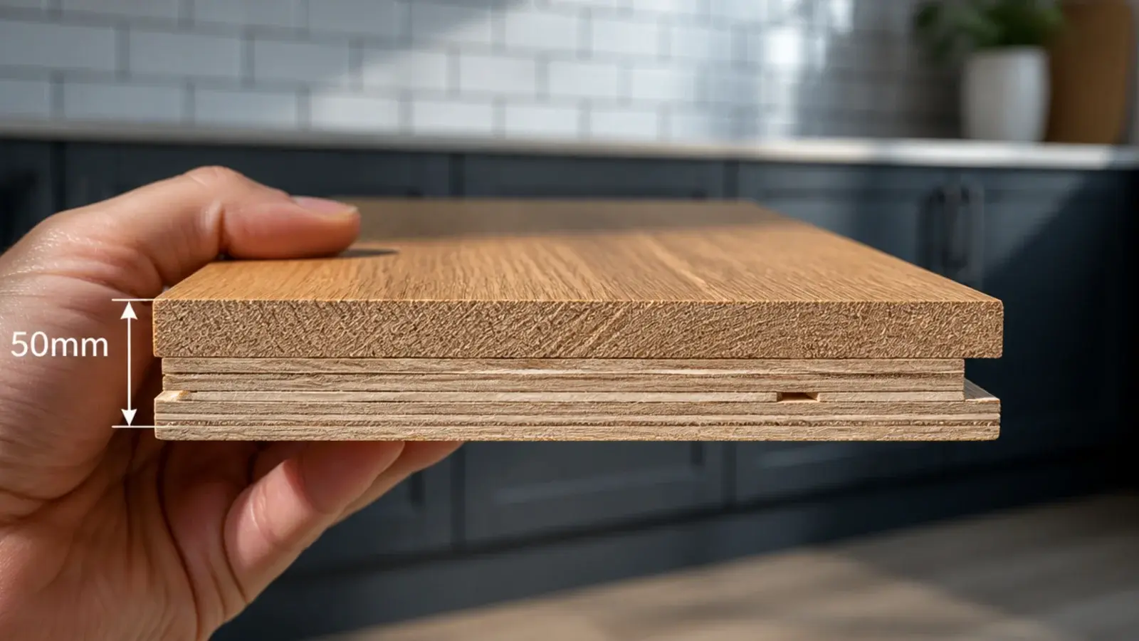 cut end of an engineered board showing a thick oak wear layer