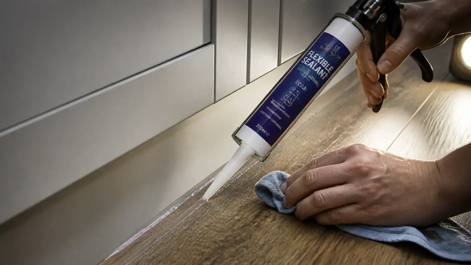 flexible sealant bead run along the join between plinth and boards