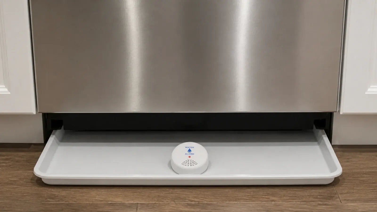 shallow leak tray slid under a dishwasher with a small water alarm