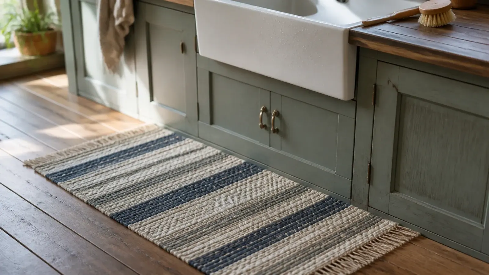 woven cotton mat lying in front of a kitchen sink on timber boards