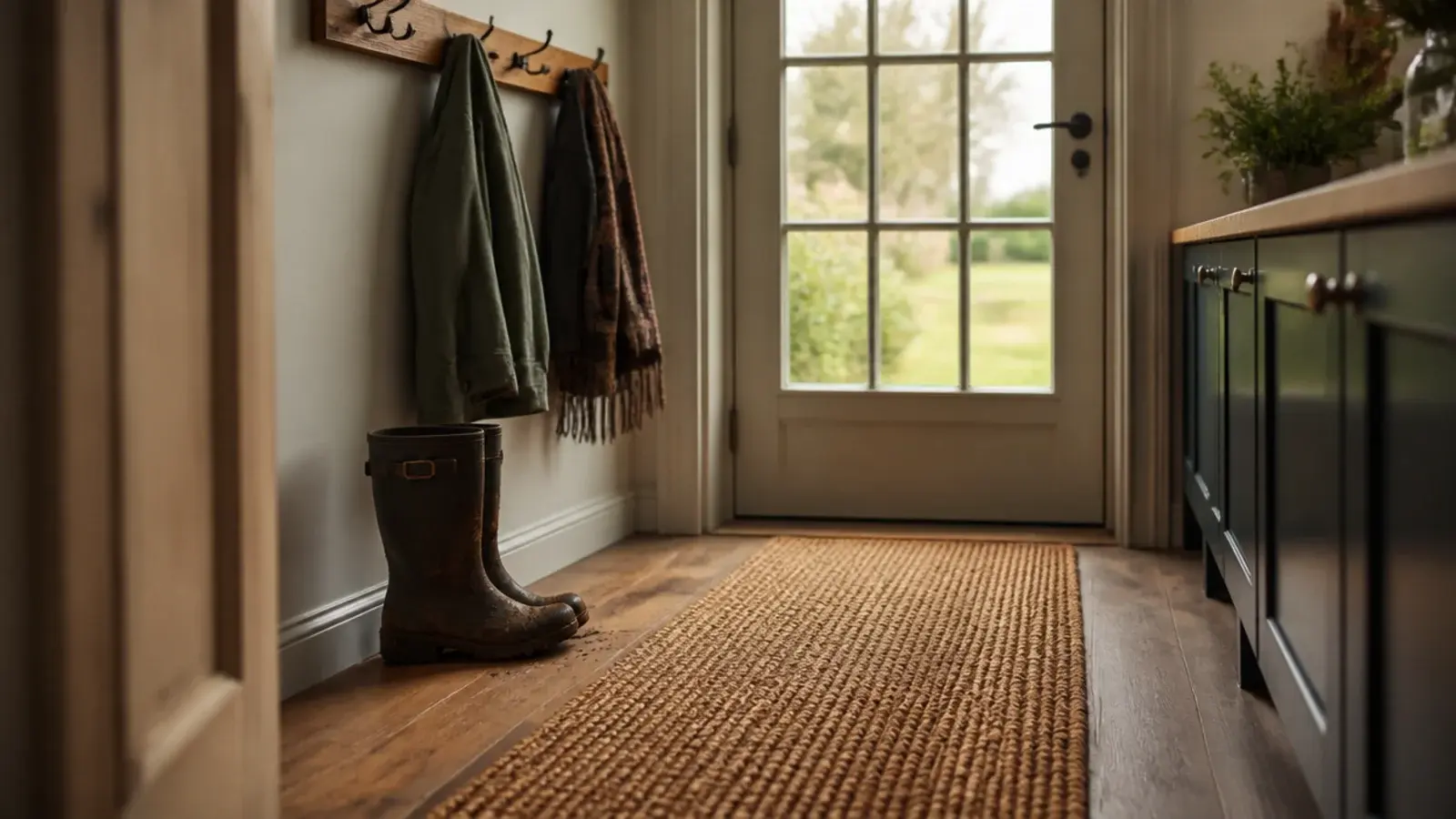 coir mat inside a kitchen back door on timber flooring