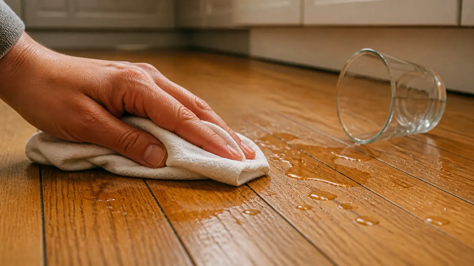 cloth blotting a spill on kitchen floorboards beside a fallen glass