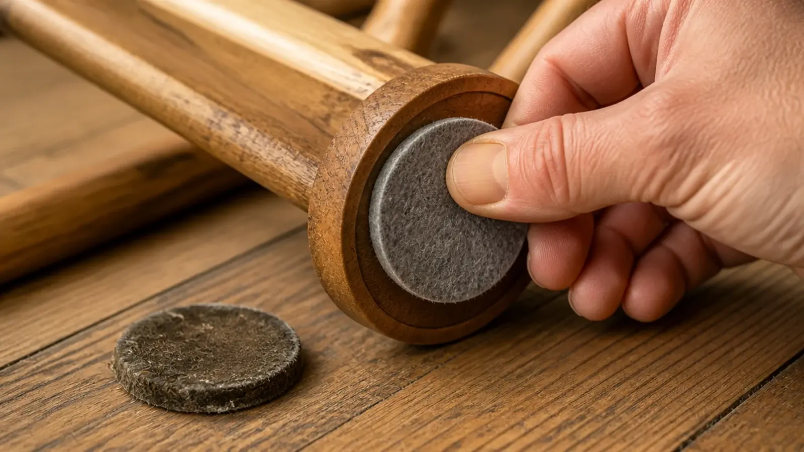 felt pad being fitted to a kitchen stool foot on timber flooring