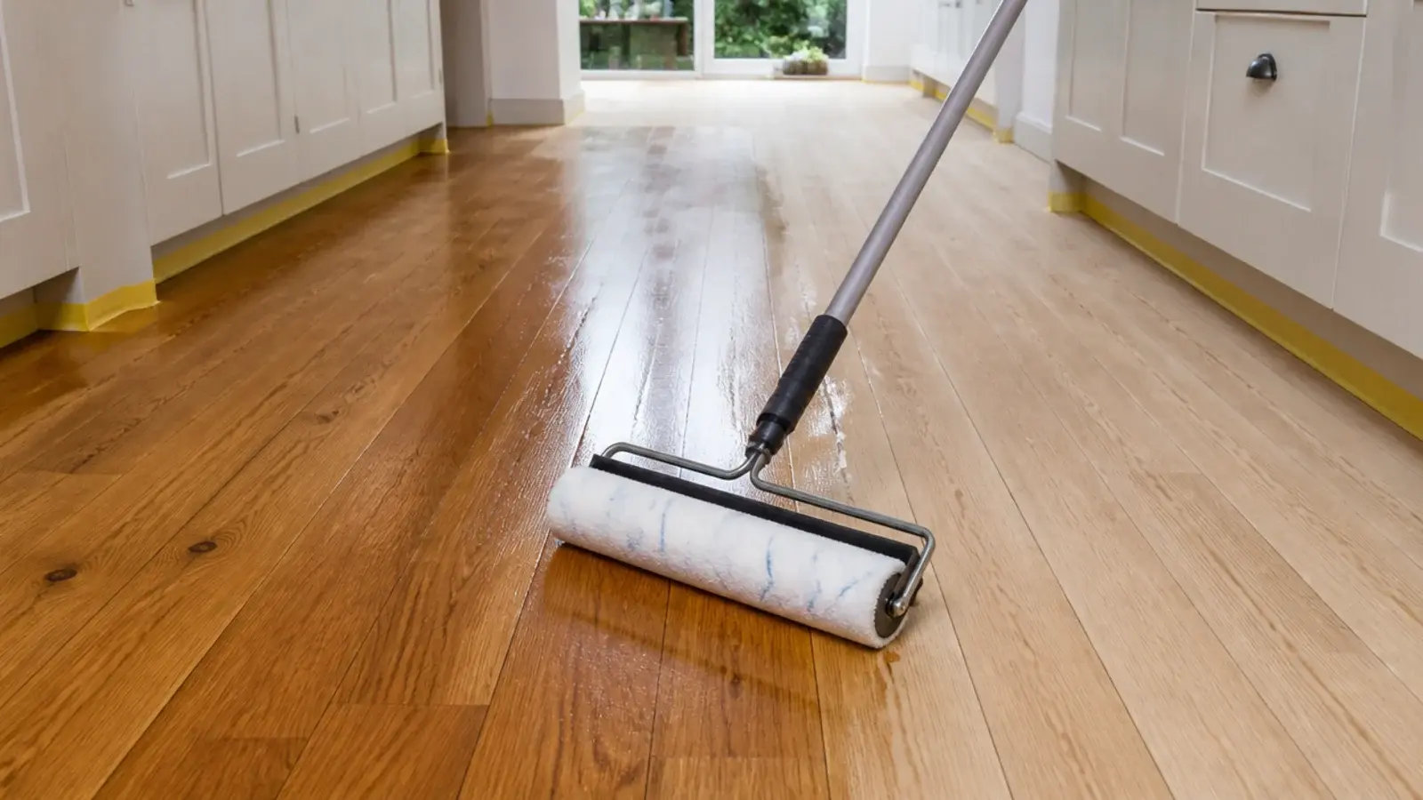 roller applying an extra coat of finish across kitchen floorboards