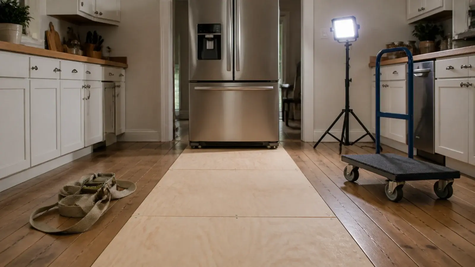 thin plywood sheets laid as a runway to slide a fridge across boards