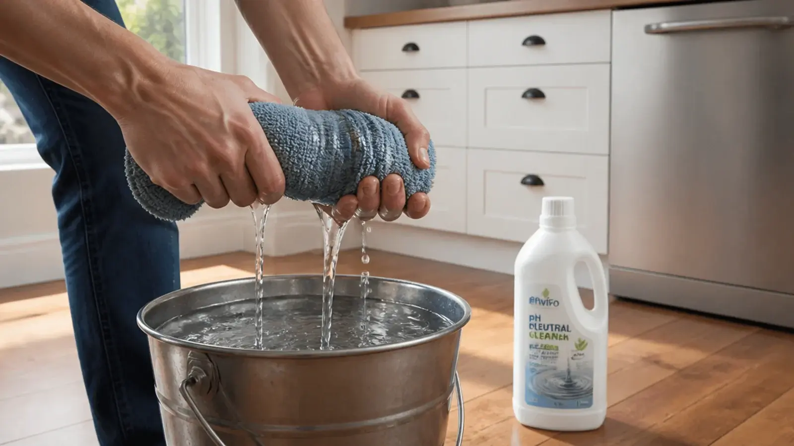 microfibre mop head wrung nearly dry over a kitchen bucket