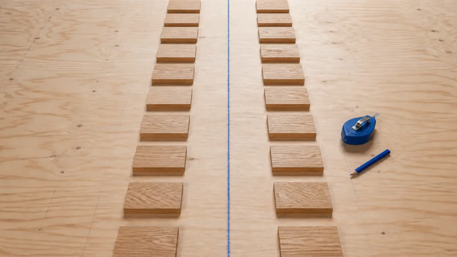 chalk centre line snapped across a bare subfloor with blocks dry laid