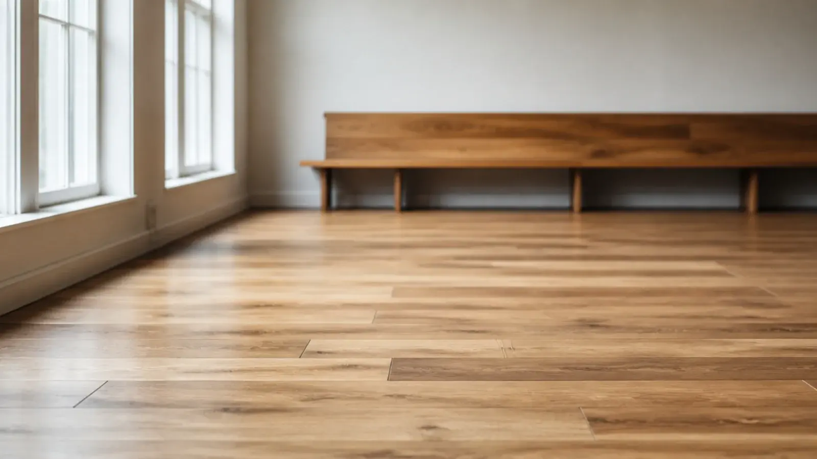 plain oak boards staggered by a third across a wide open floor