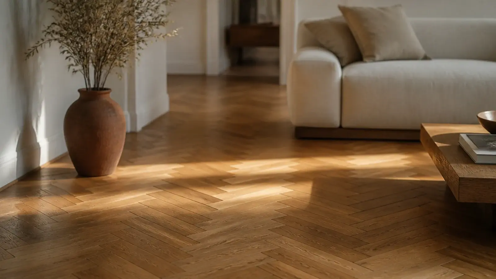 classic herringbone blocks set diagonally across a living room floor