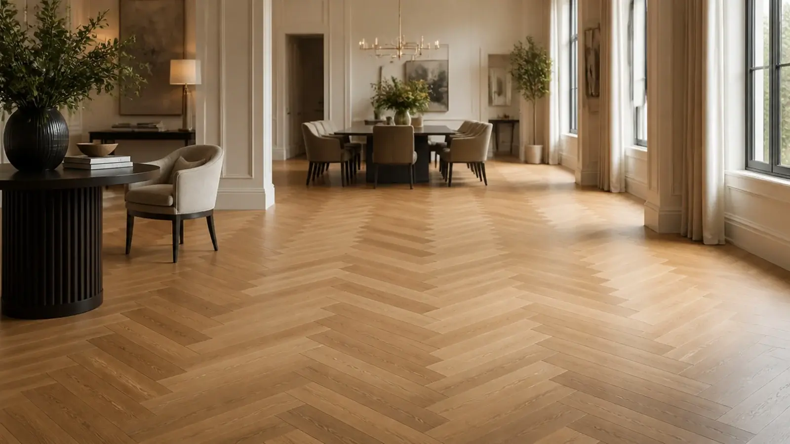 paired blocks forming a wider double herringbone across a big floor
