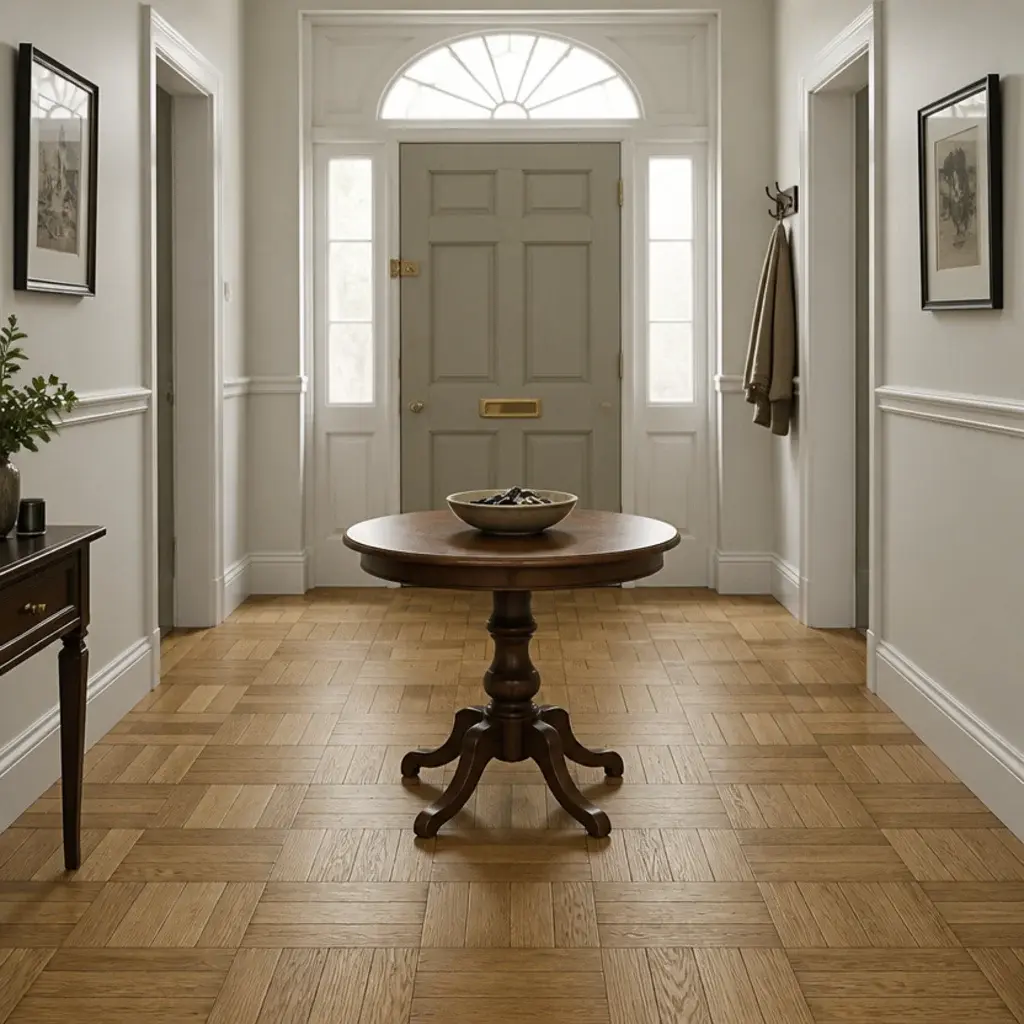 basketweave squares of paired oak blocks filling a square hallway floor