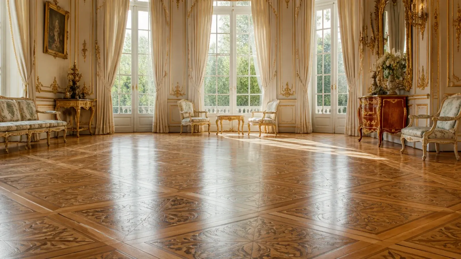 large versailles parquet panels with lattice framing filling a wide floor