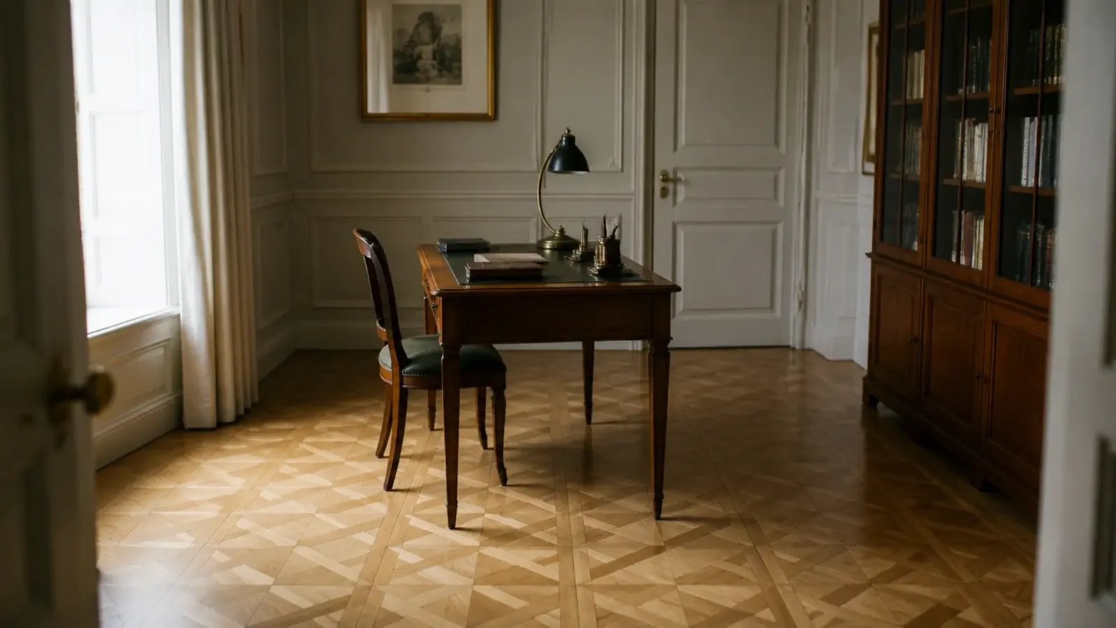 smaller chantilly parquet panels laid across a modest formal room