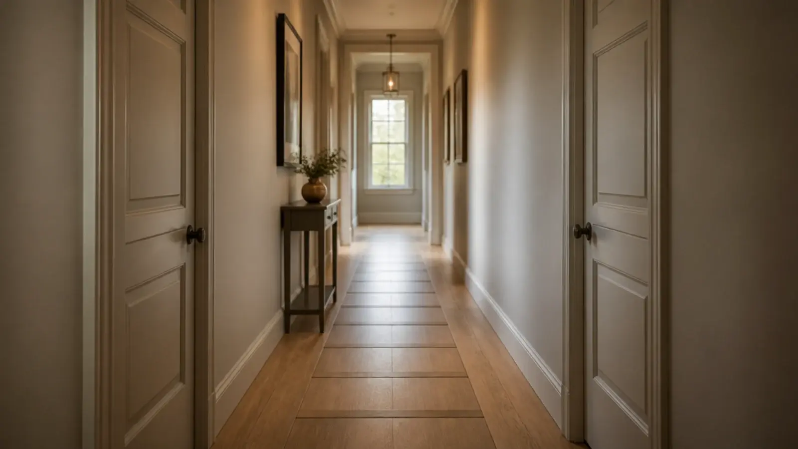 ladder pattern boards with regular cross rungs down a long corridor