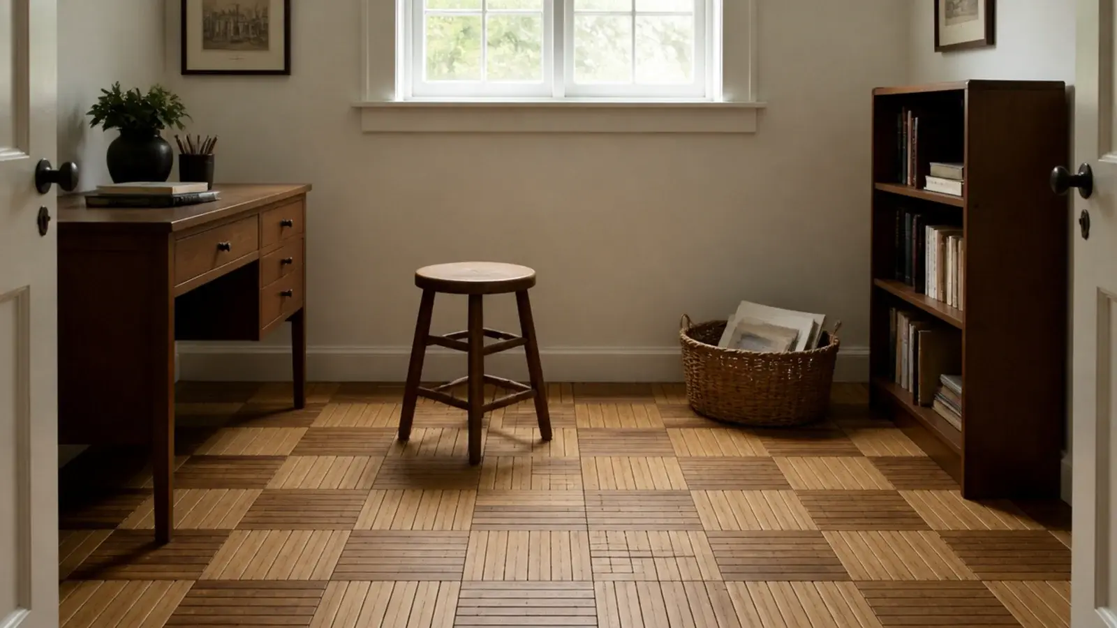 small finger parquet fingers grouped into squares across a compact floor