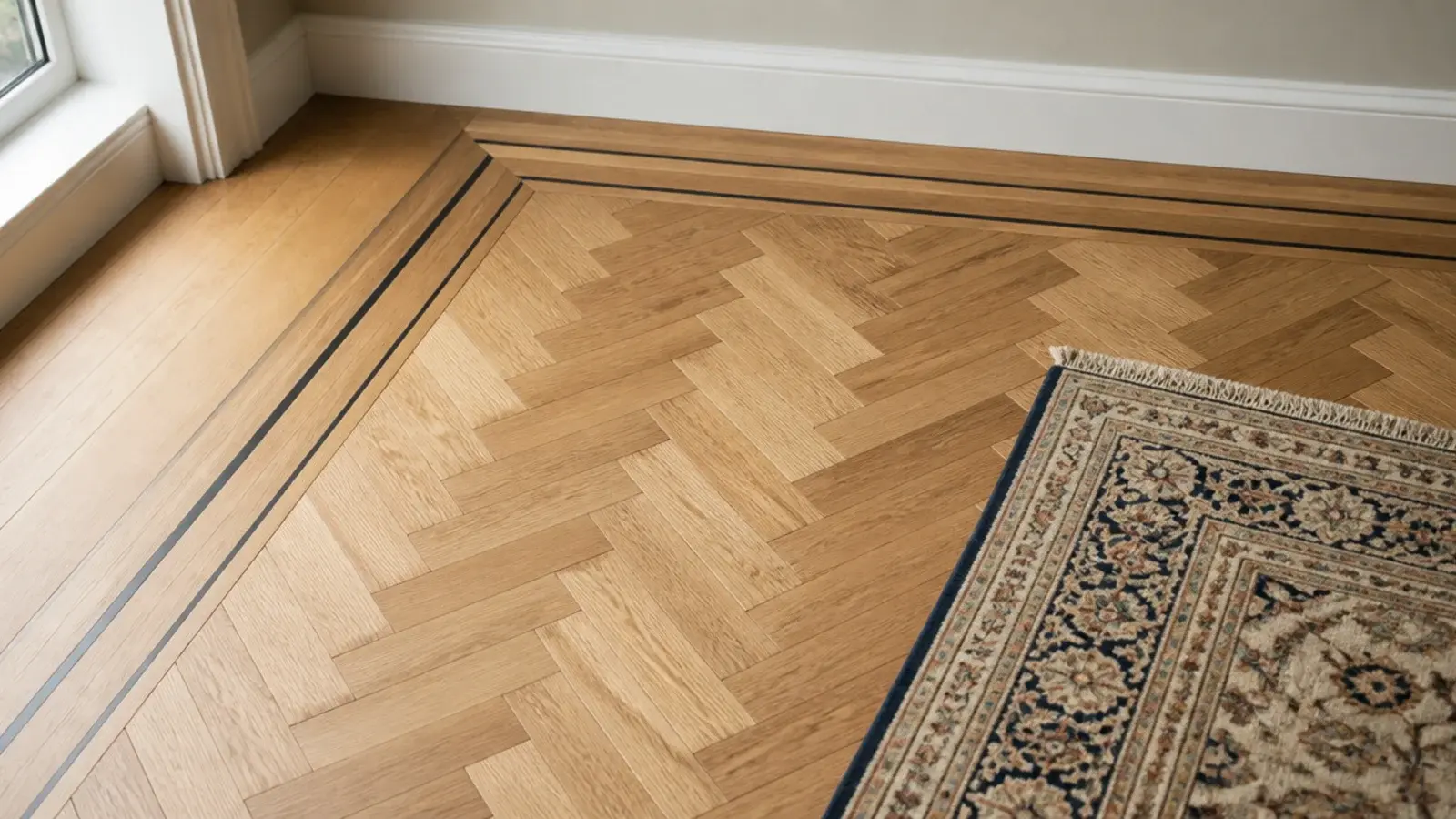 herringbone field enclosed by two border bands around a room edge